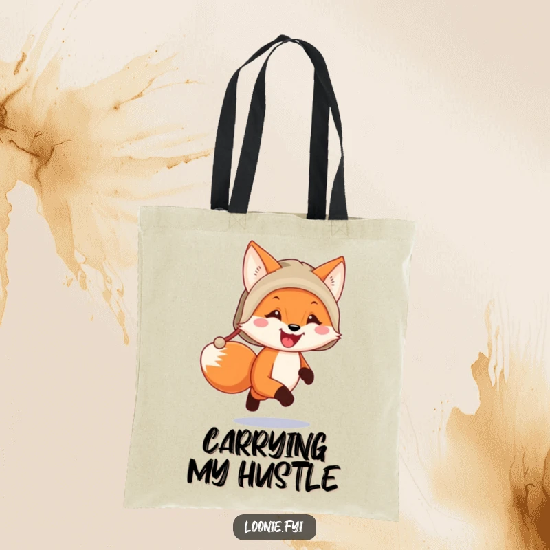 Funny happy fox wearing a trapper hat running, printed on a practical tote bag for humorous, everyday use.