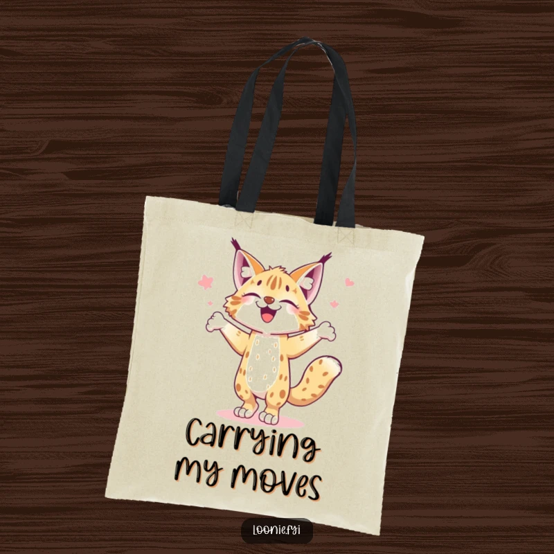 Funny tote bag showing a joyful lynx doing a happy jig, perfect for carrying groceries or dance gear with style.