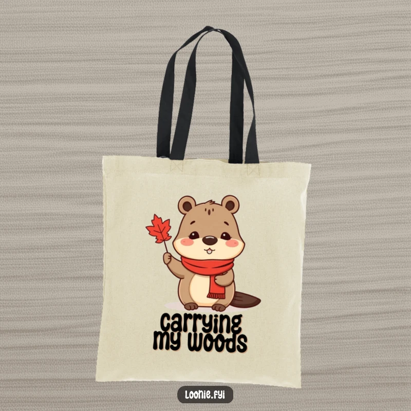 Funny Tote Bag: A cute beaver in a red scarf waves a maple leaf, perfect for carrying groceries or daily items.
