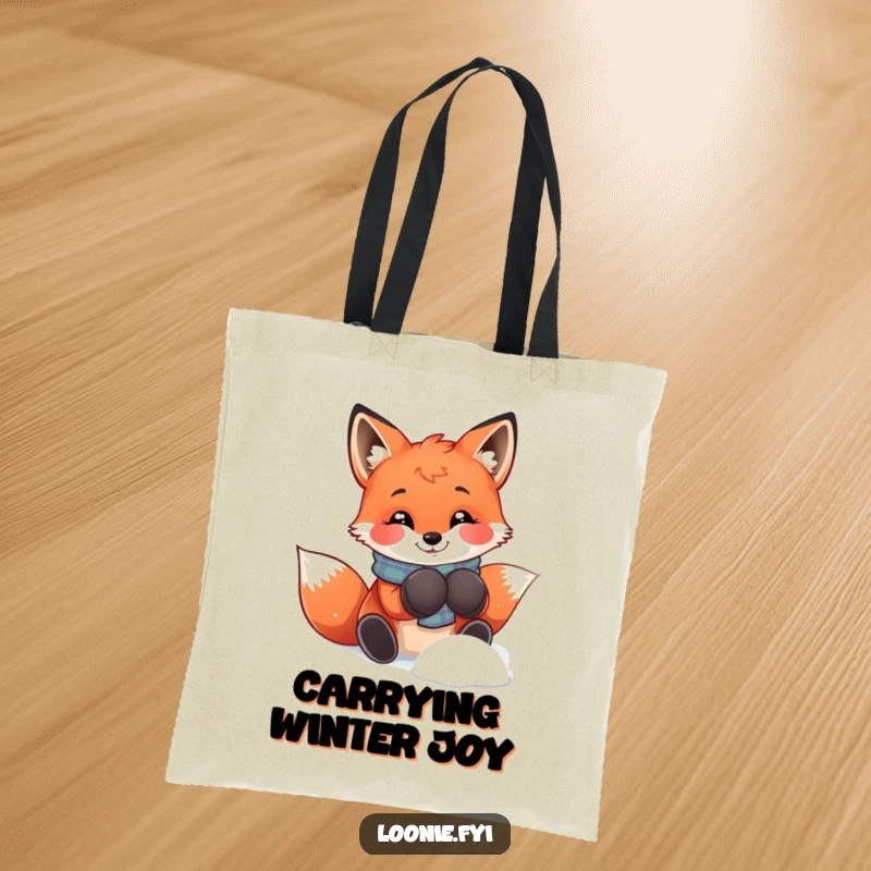 Funny red fox with mittens on this tote bag, perfect for carrying snow day essentials with a smile.