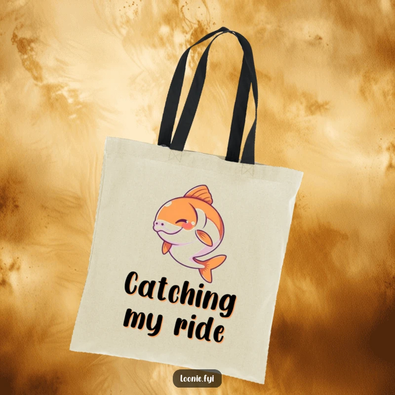 Funny tote bag featuring a determined, smiling salmon leaping energetically through the water.