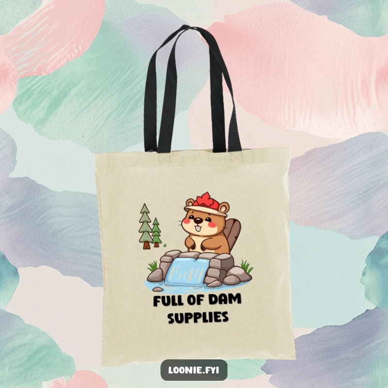 Funny Tote Bag: A happy beaver in a maple leaf hat is busy building a small dam, ready for errands.