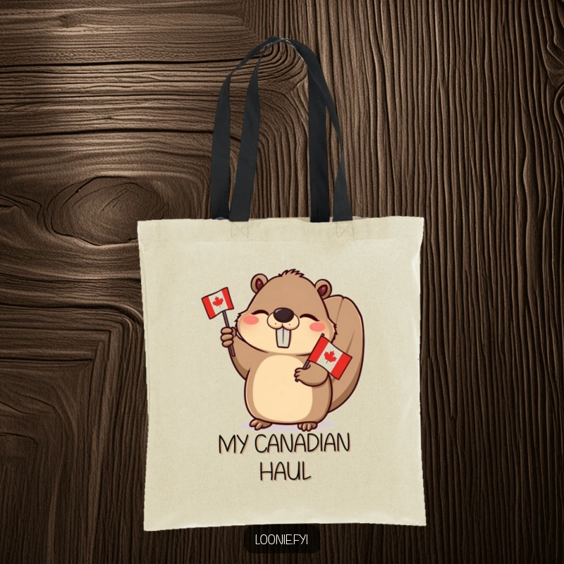 Funny Beaver Tote Bag: A winking beaver enthusiastically waving a Canadian flag, perfect for carrying essentials with patriotic charm.
