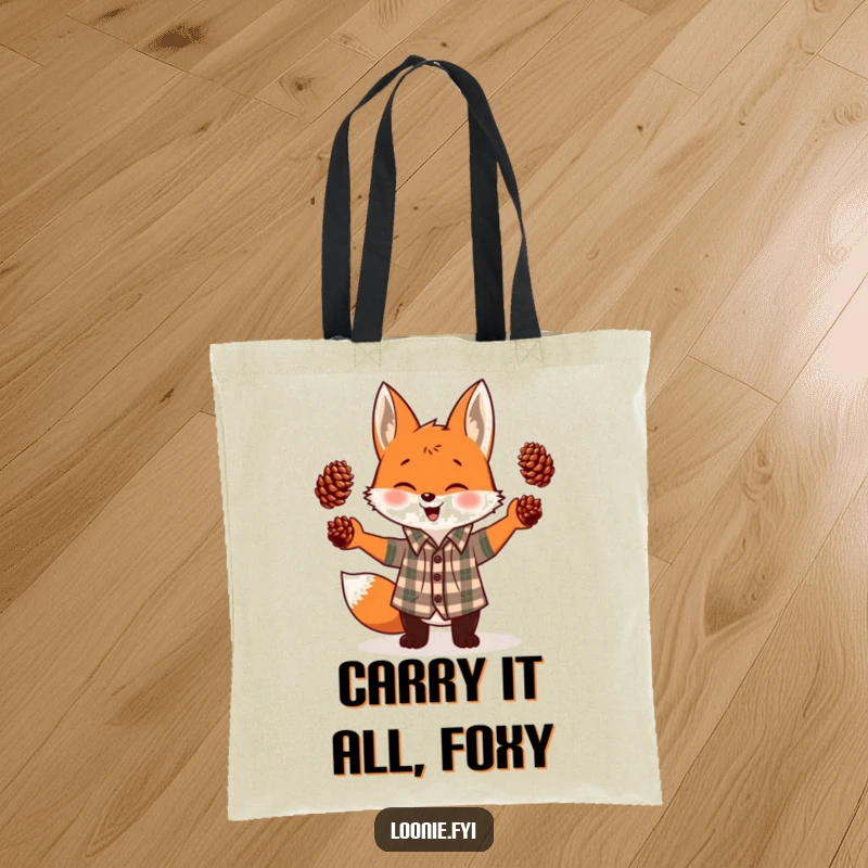 Funny tote bag with a giggling fox in a plaid shirt, juggling three pinecones, showcasing a whimsical and humorous illustration.