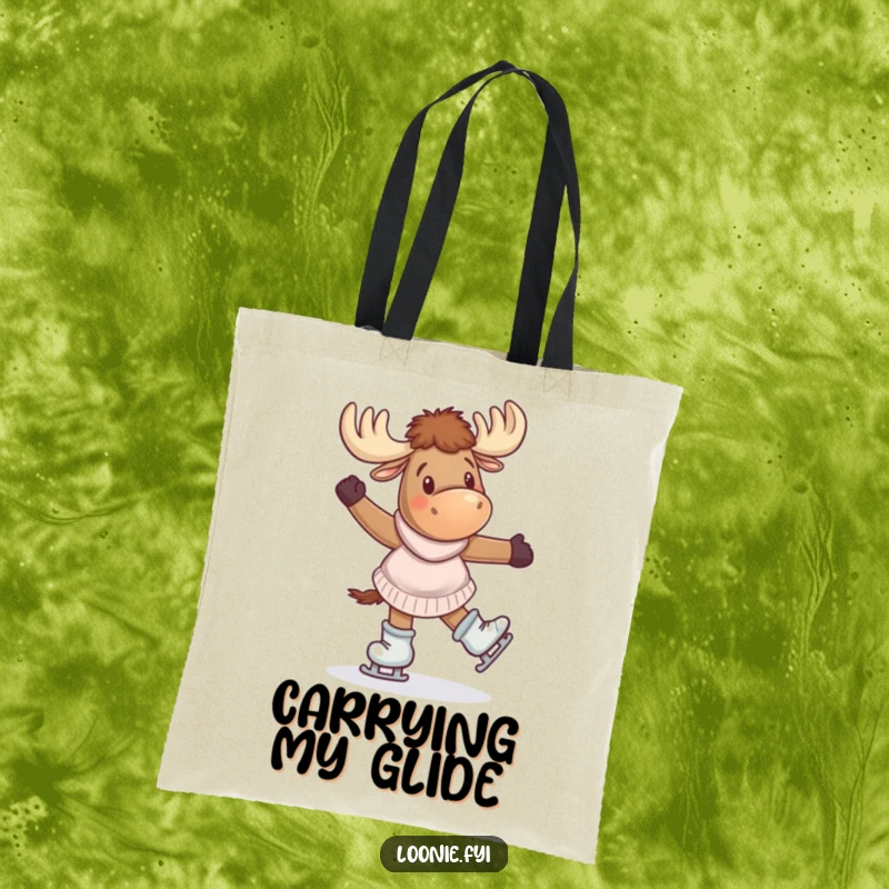 Funny Tote Bag: A happy moose wearing skates twirls joyfully, perfect for carrying daily items with a dose of winter fun.