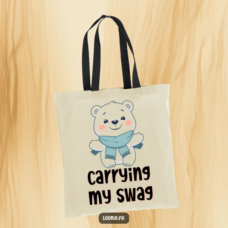 Funny Tote Bag: A smiling polar bear wearing a scarf poses happily, perfect for carrying daily items with a dose of winter cheer.