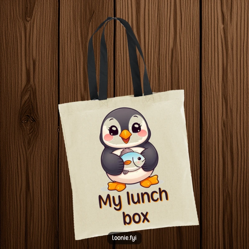 Funny Puffin Tote Bag: A cheerful puffin with a wide smile, holding a tiny fish, perfect for carrying essentials with flair.