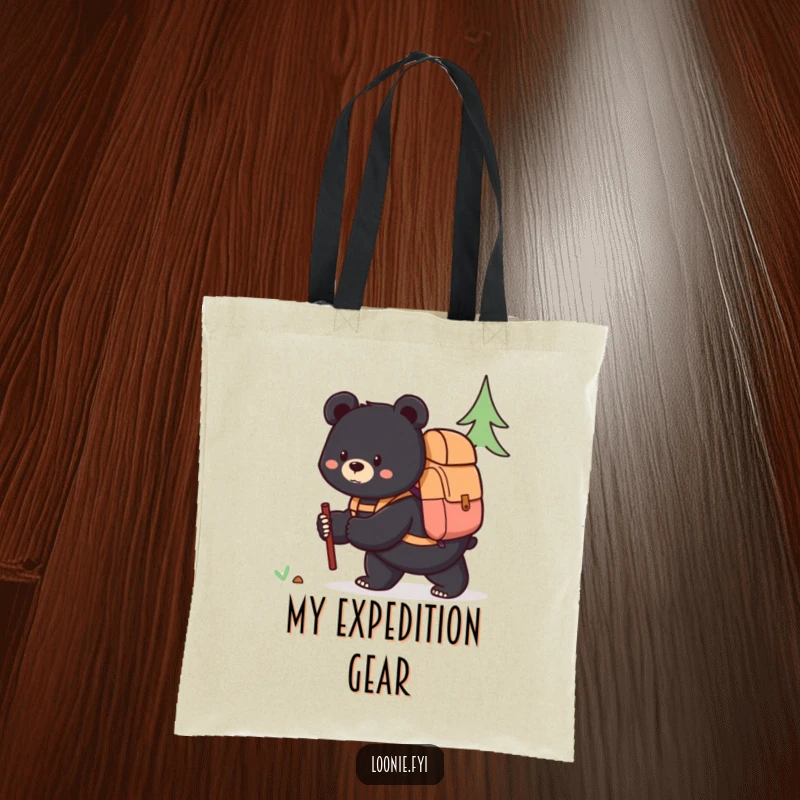 Funny tote bag featuring a content black bear with a backpack, ready for exploration, perfect for everyday use and adventures.